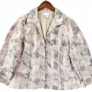 Chicos Jacket 2 Large Pink Beige Gray Geometric Patchwork Jacquard Lined Dressy